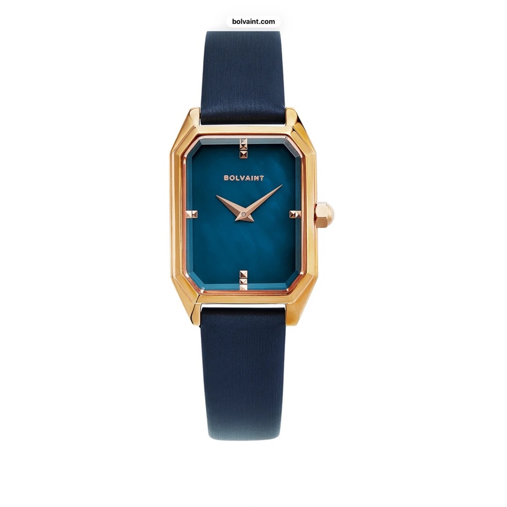 Artemis Mother of Pearl Navy Blue Leather Strap Watch with Rose Gold Case